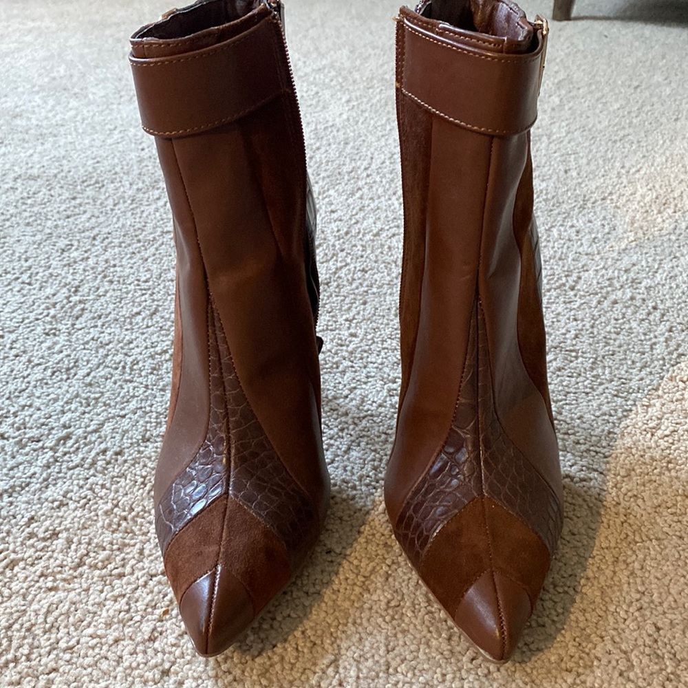 Brown Leather and Suite Heeled Boots with buckle